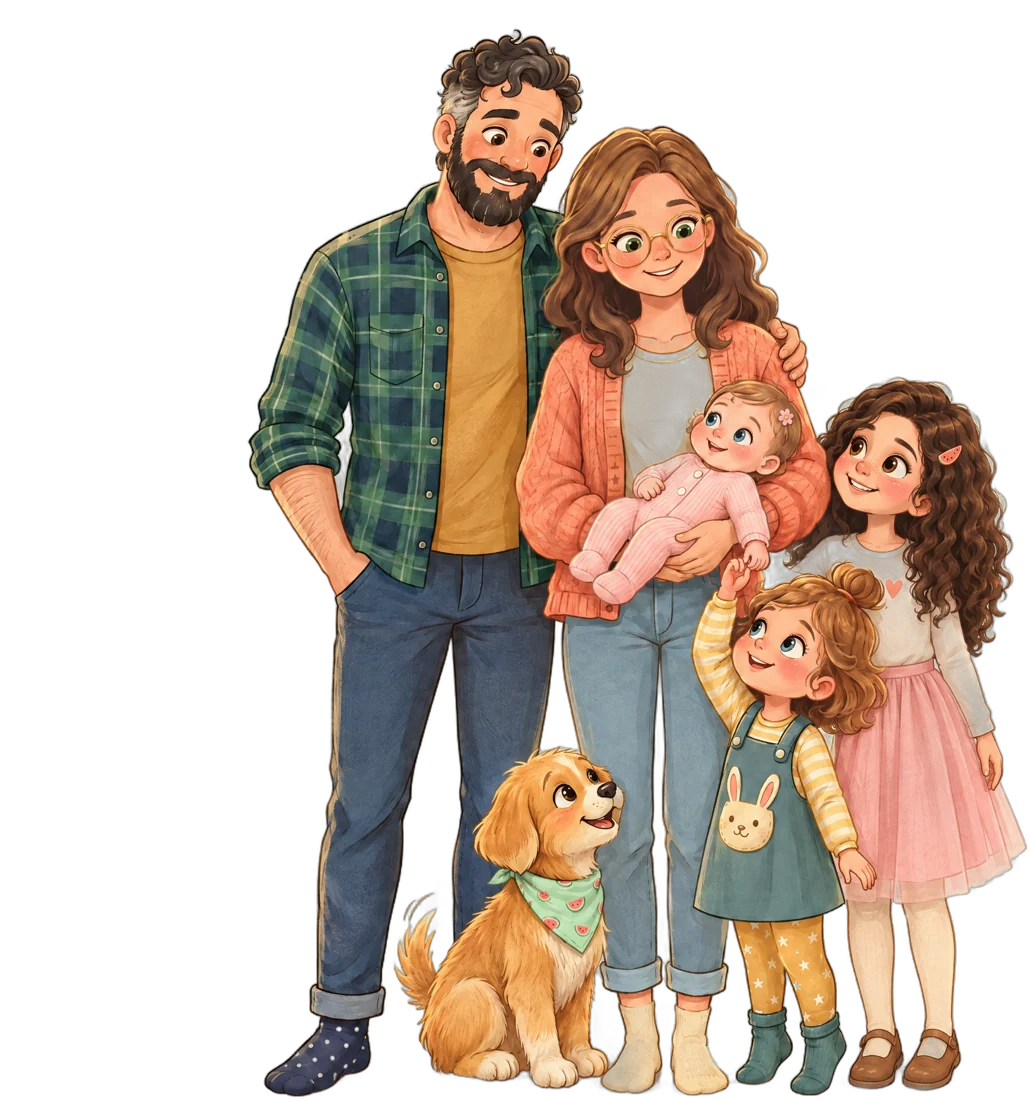 The Big Kid Steps family: Dad, Mom holding baby Ariel, the girls and Pip the puppy