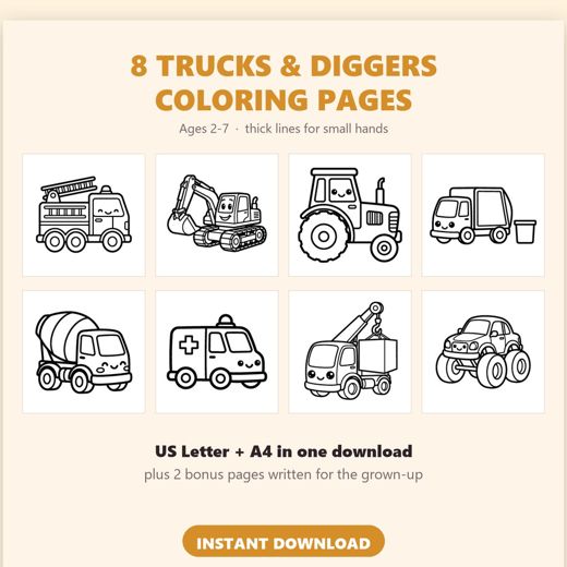 Truck Coloring Pages, 8 sheets